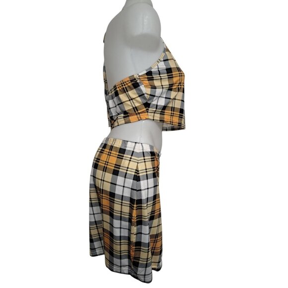 Shein Womens Yellow Black Whie Plaid 2PC Set Top + Skirt Large - Picture 4 of 8